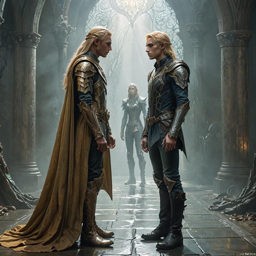 Elven Confrontation in Mist-Shrouded Chamber