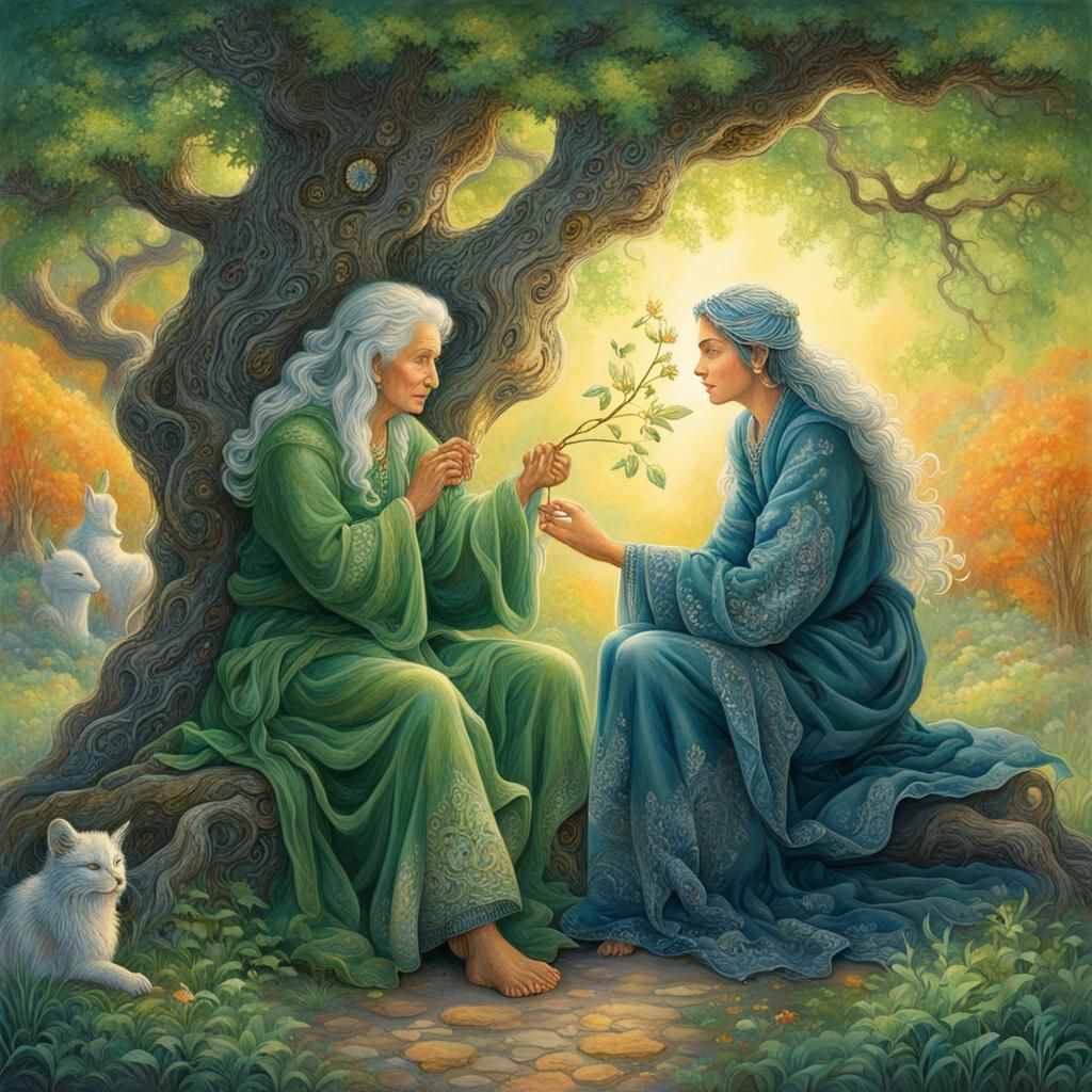 Wise Woman and Youthful Companion in Fantasy Art Style
