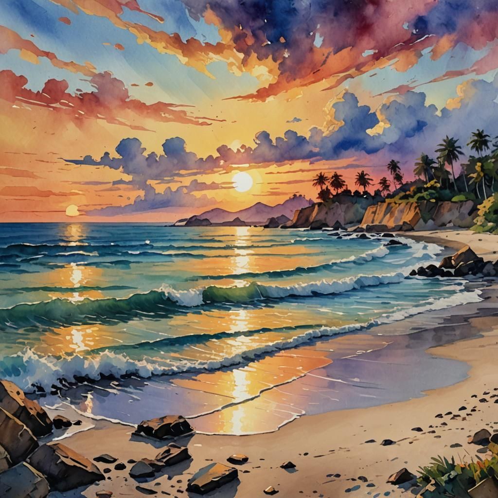 Island Beach Sunset in Gouache Watercolor Style