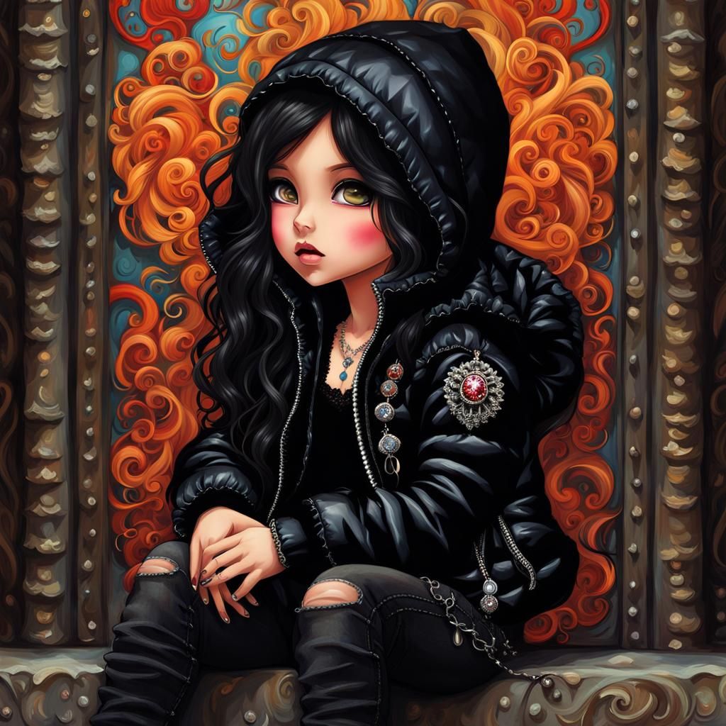 Chibi Goth Girl Watching a Festival as Oil Painting