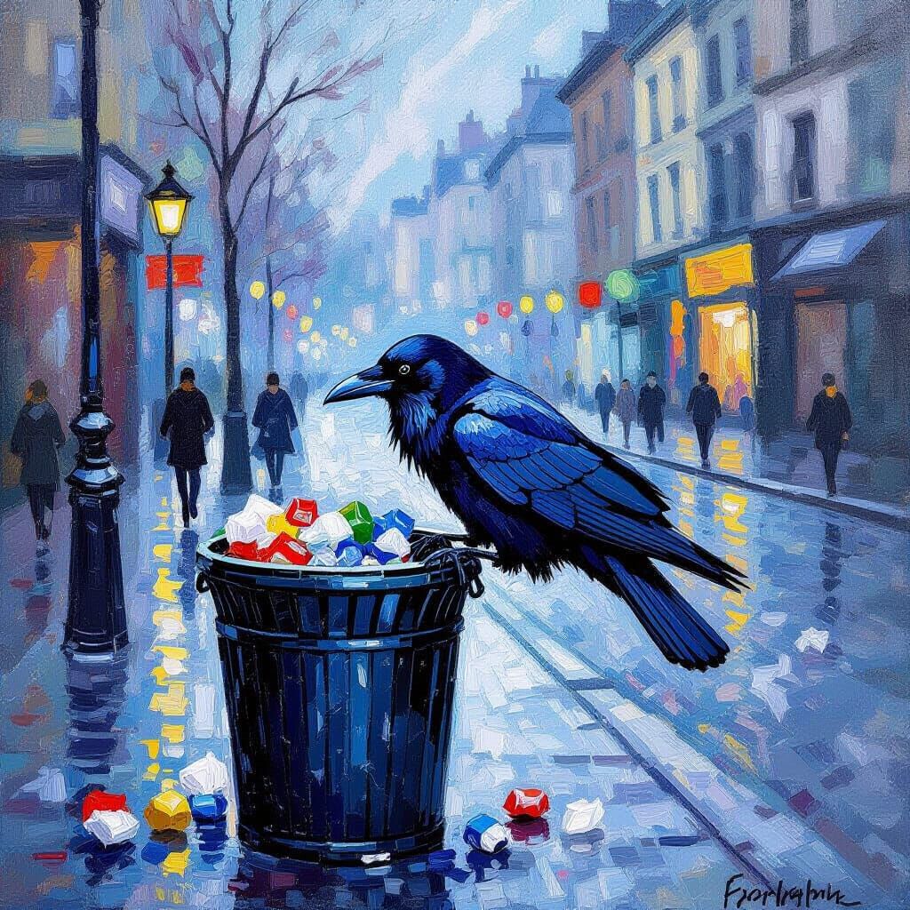 Raven in City Rubbish Bin, Pointillist Style