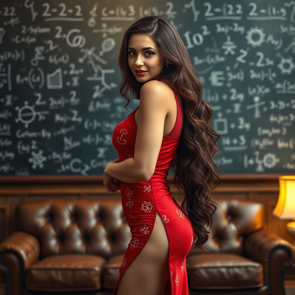 Confident Female Teacher in Elegant Chalkboard Setting