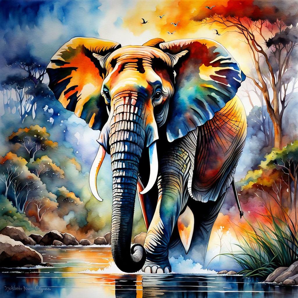 Detailed Watercolor Elephant Painting