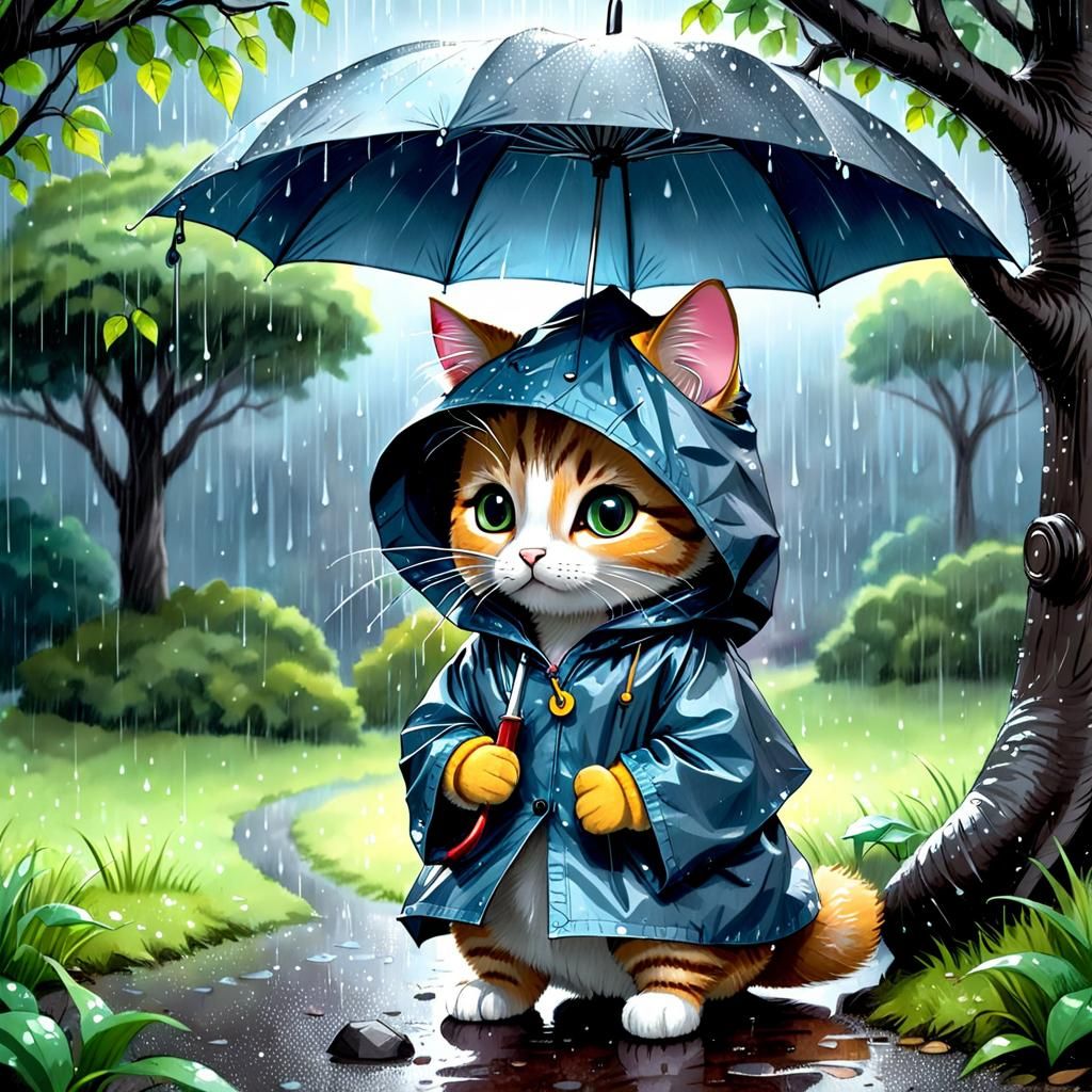 Cute Cat in Raincoat: Whimsical Pencil Drawing