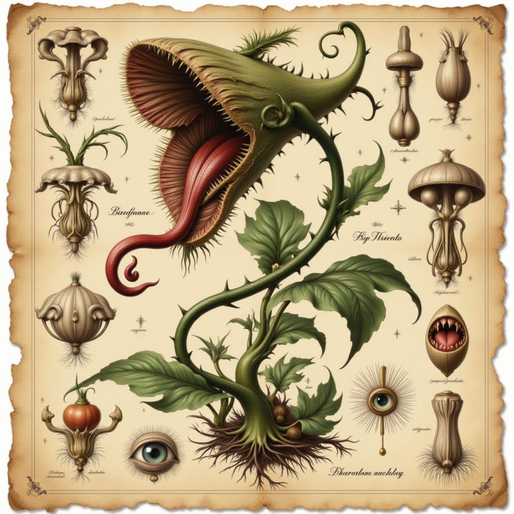 Botanical Illustration of a Monstrous Carnivorous Plant