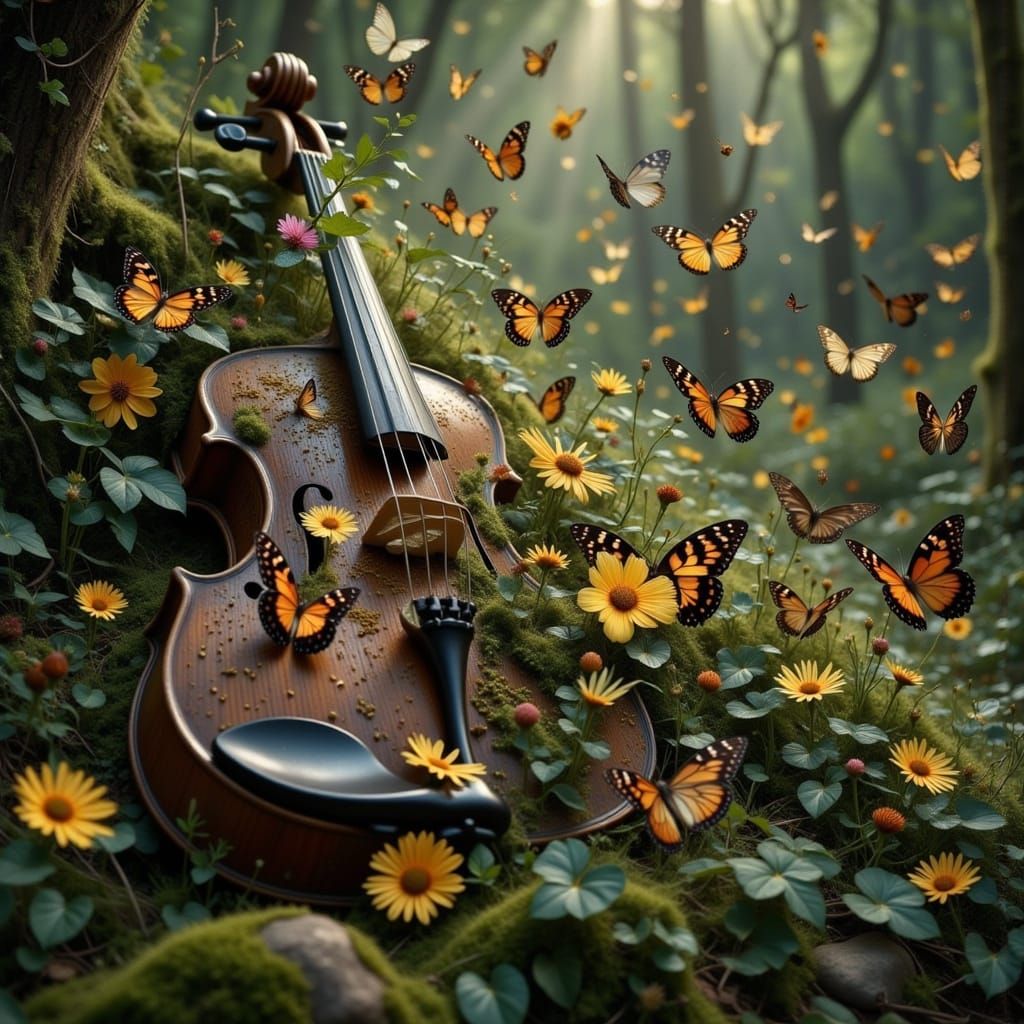 Overgrown Violin with Butterflies in Forest Clearing