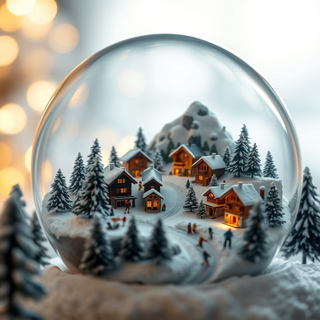 Miniature Alpine Village in Snow Globe, Professional Photogr...