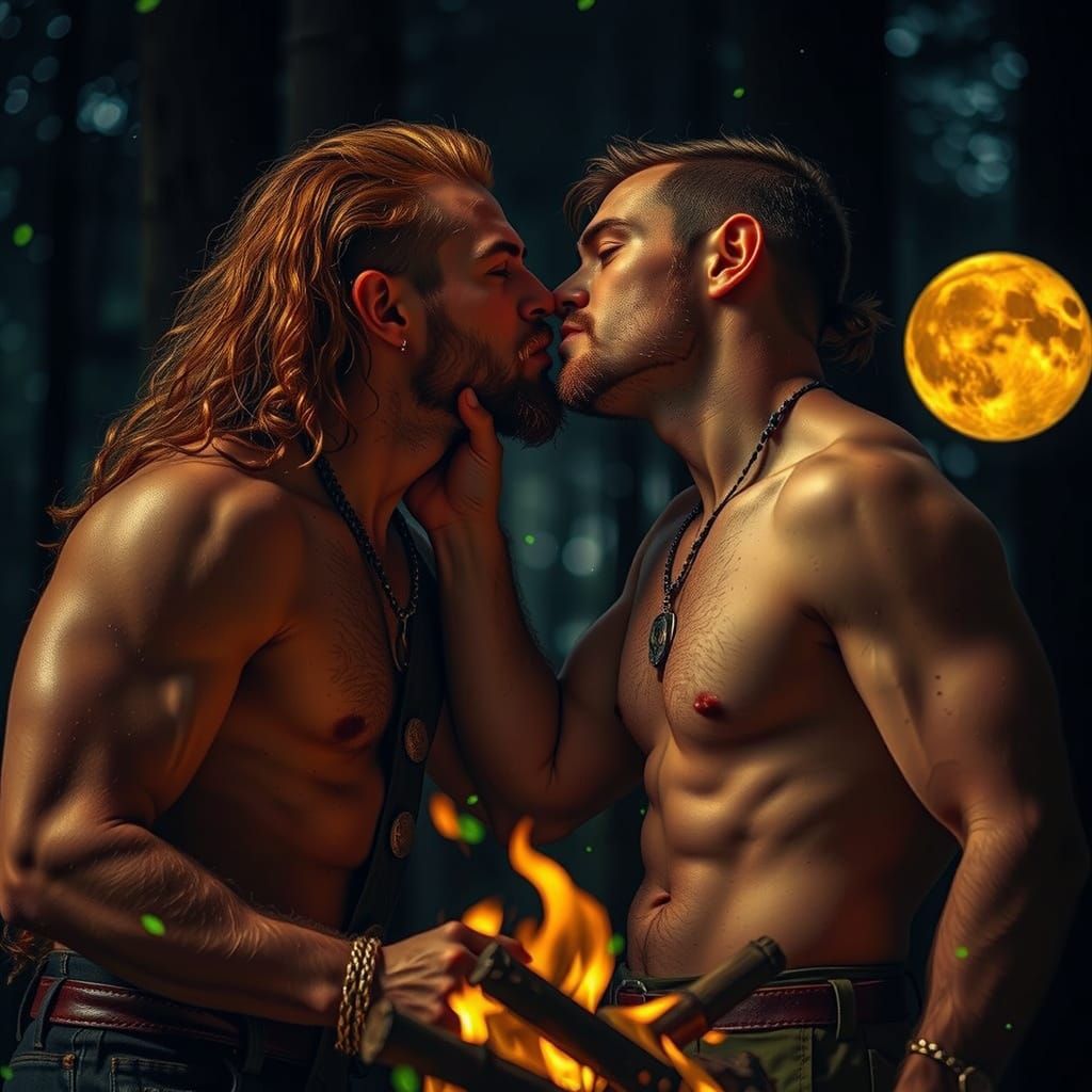 Viking Lovers Kiss Under Starry Moonlit Sky
