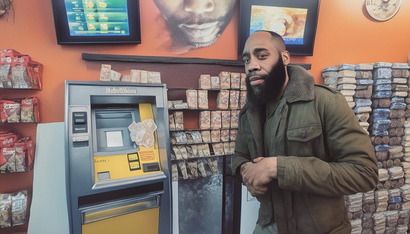 Hyperrealistic Man at ATM, Crypto Machine Next To It