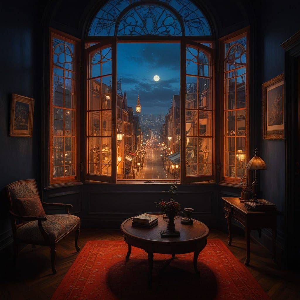 Vintage Apartment Interior at Night in Warm Jewel Tones