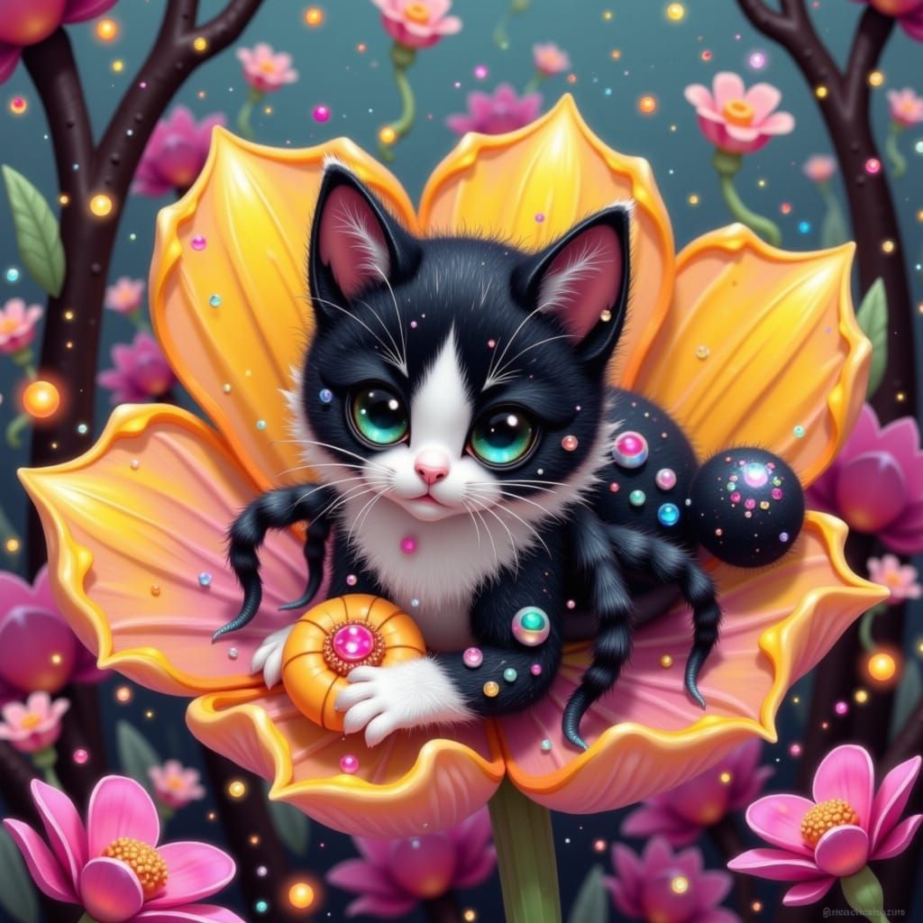 Kitten-Spider Hybrid on Flower, Pixar Style