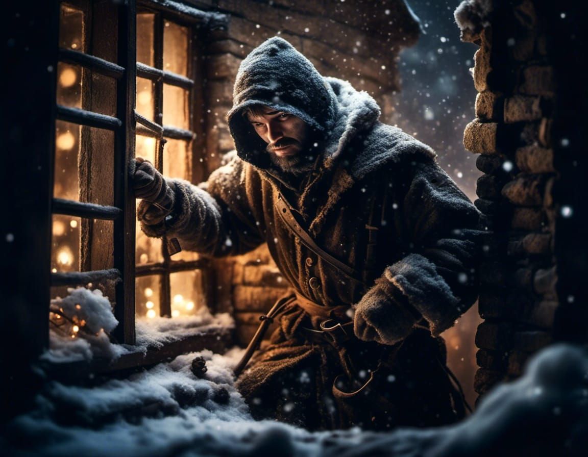 Thief Climbs into Dark Room on Snowy Night