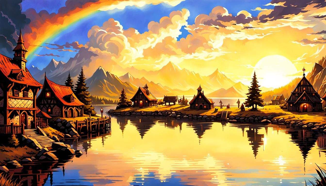 Lakefront Village Sunset: Dungeons and Dragons Comic Art
