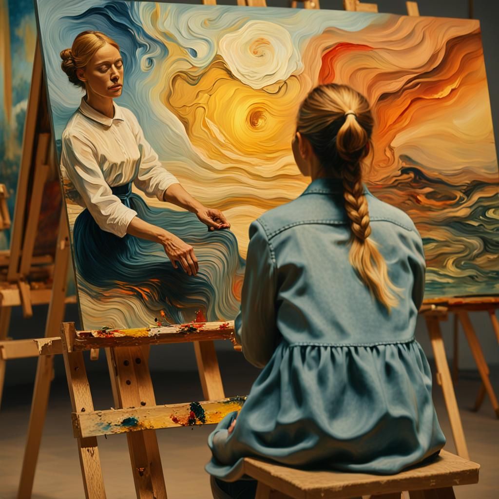 A woman is sitting for a posing session, the painter is pain...