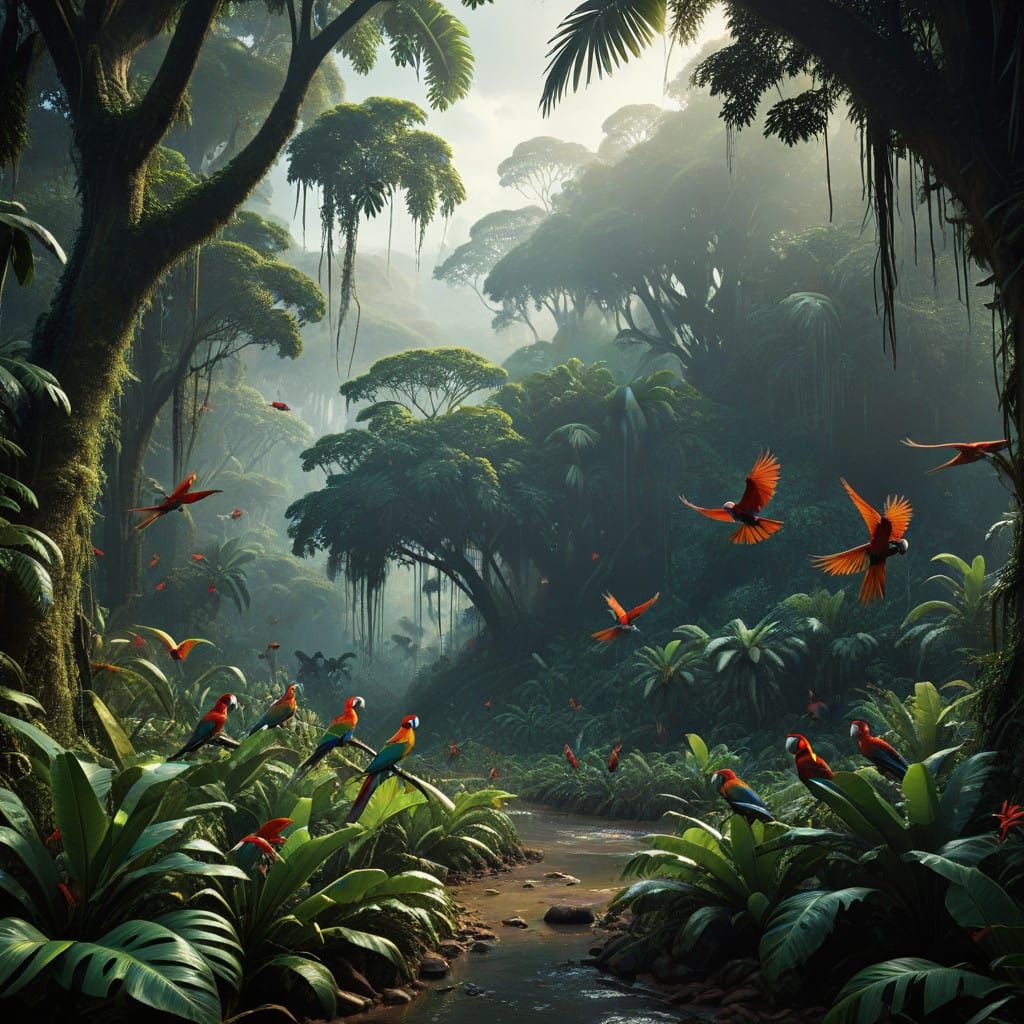 The Vanilla Grove:
The heart of the jungle reveals a lush grove where vanilla vines entwine ancient trees. Bright sunlig...