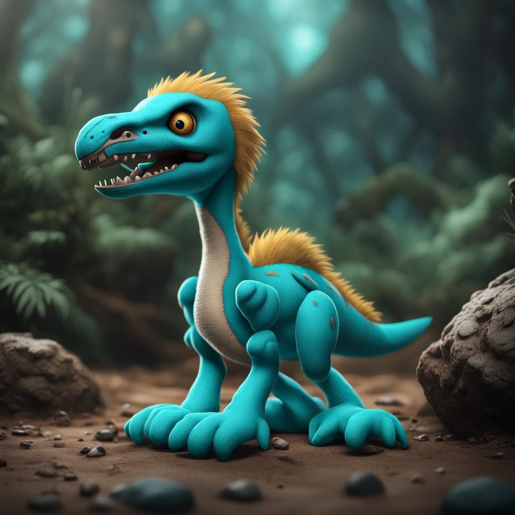 Cyan Plushie Velociraptor: Detailed Fantasy Art