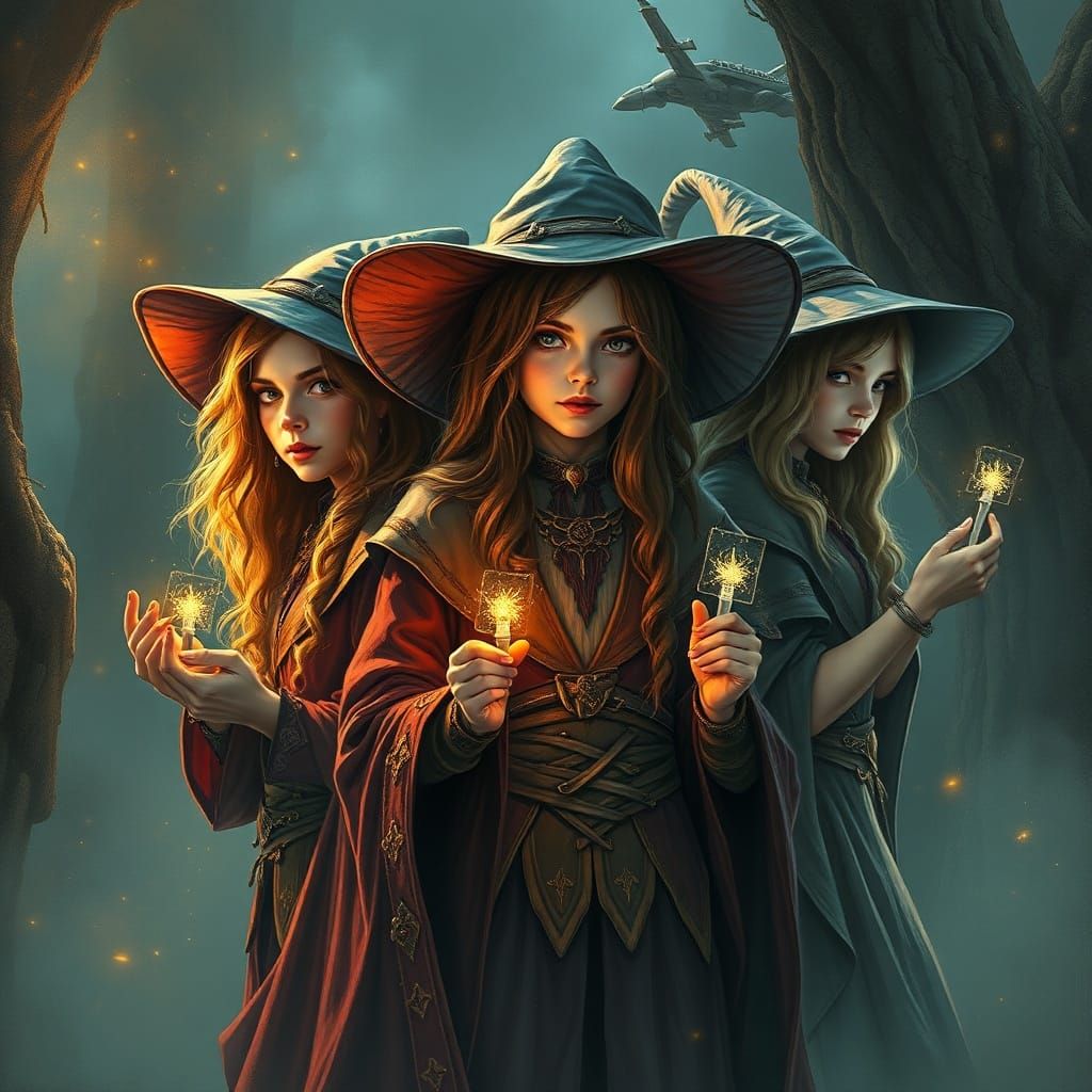 Three Young Sorceresses in Ink Style with Magical Glow