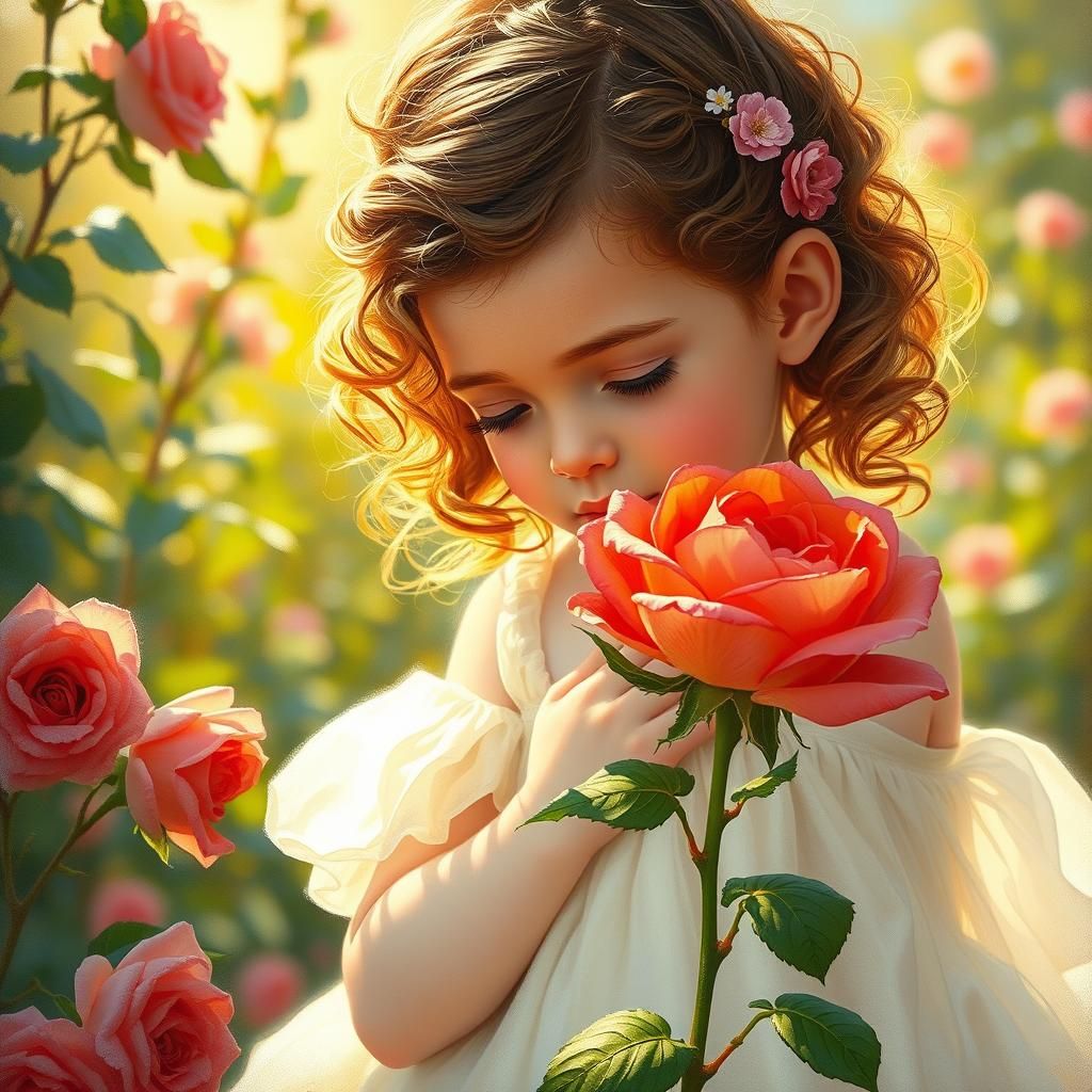 Girl Smelling Rose in Dreamy Garden, Art Nouveau Style