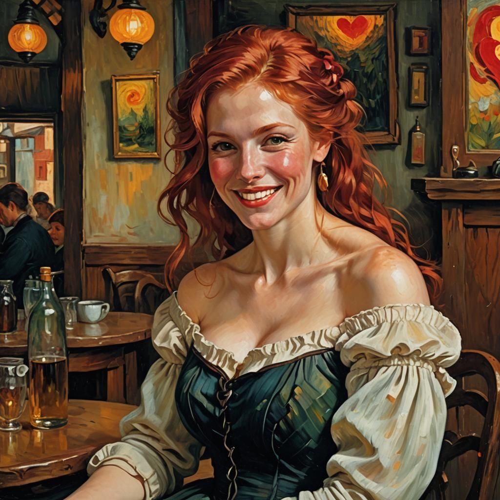 Redhead Laughter in Tavern, Impasto Oil Painting