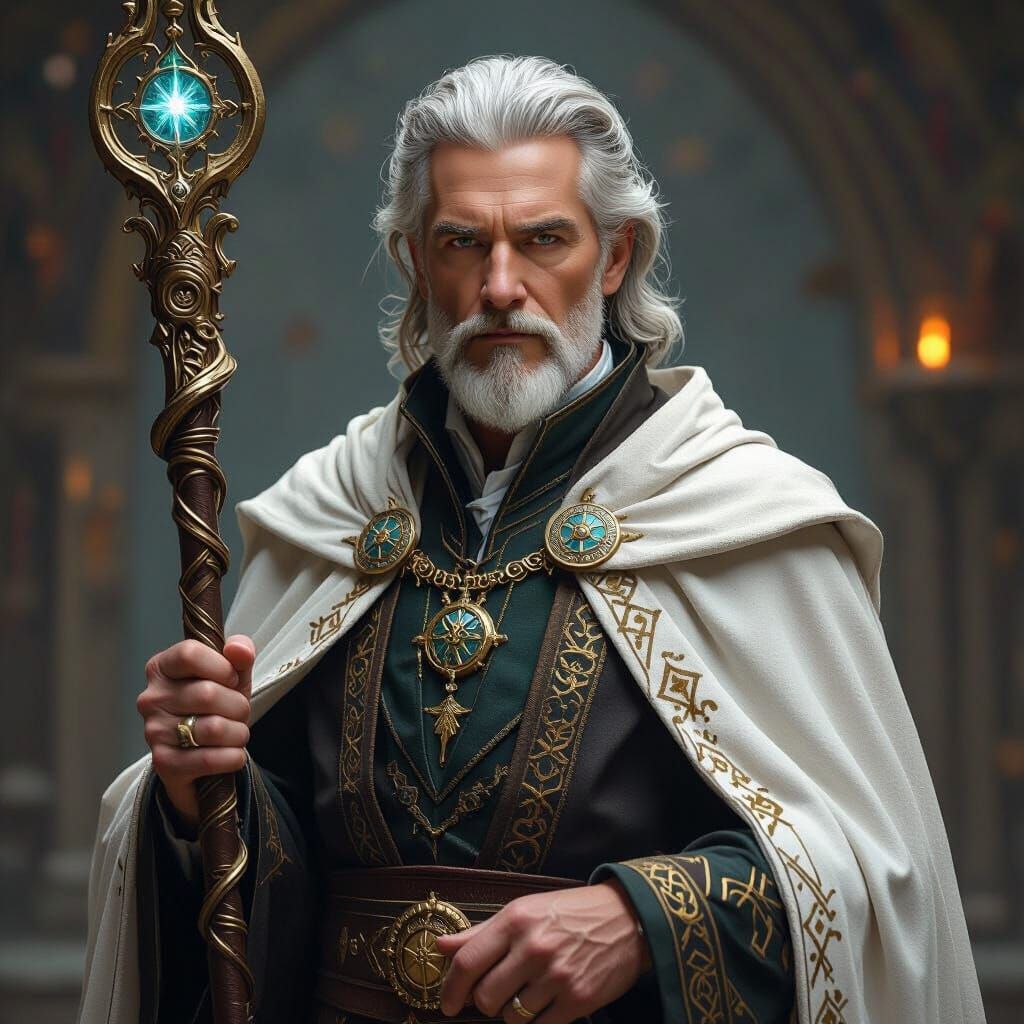Dignified Mage with Ornate Staff in Fantasy Art Style