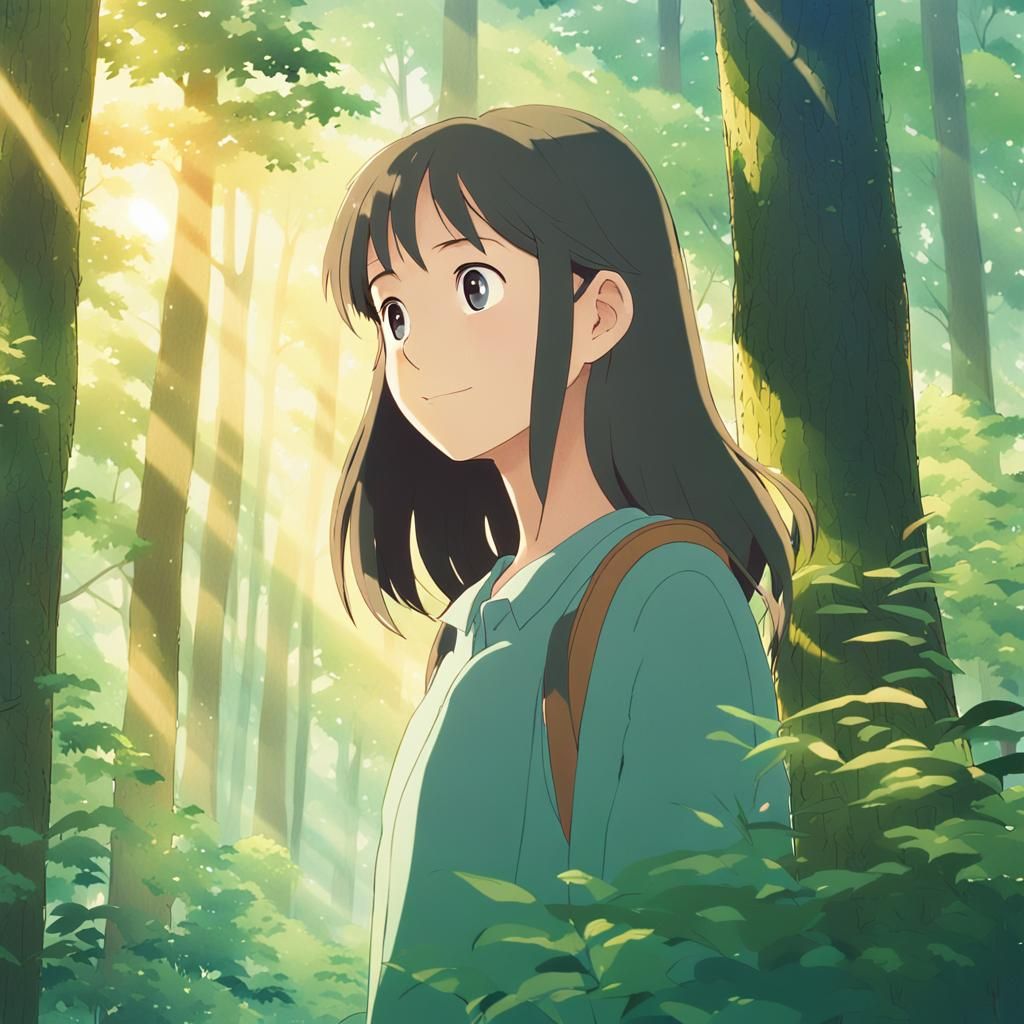Anime Woman in Forest, Ghibli-Style Key Visual