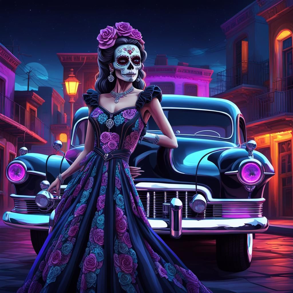 Catrina Lowrider: Low-Poly Digital Art at Night