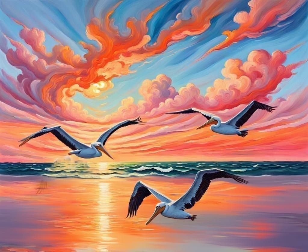 Marc Chagall-Inspired Seaside Scene at Sunset with Three Maj...