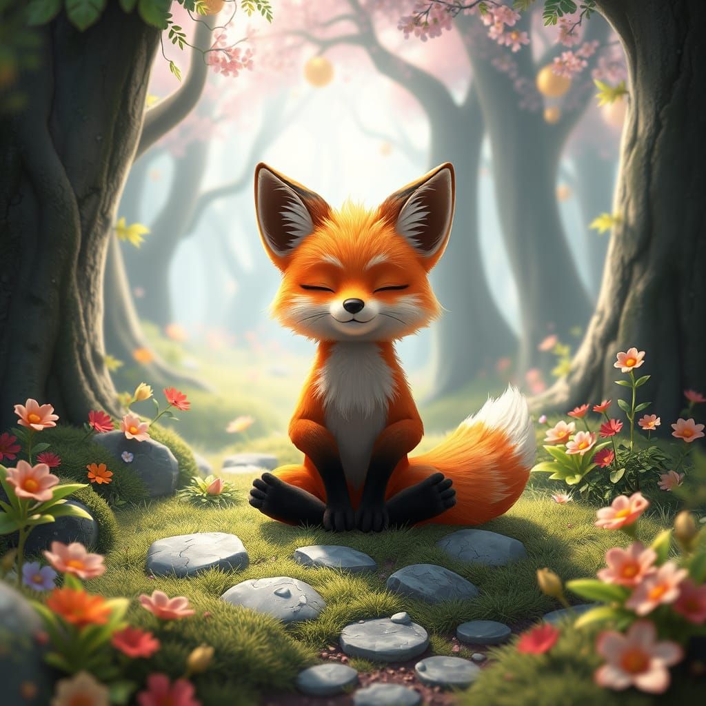 Meditative Red Fox in Whimsical Anime Forest