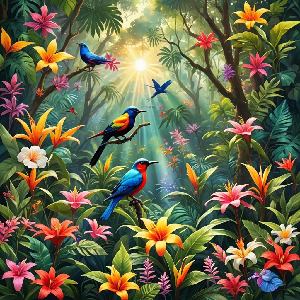 Lush Tropical Forest Scene with Bird