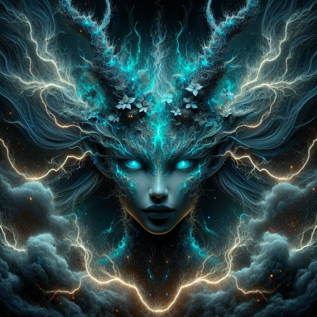 Ethereal Teal Tiefling Goddess amidst Dark Whimsy