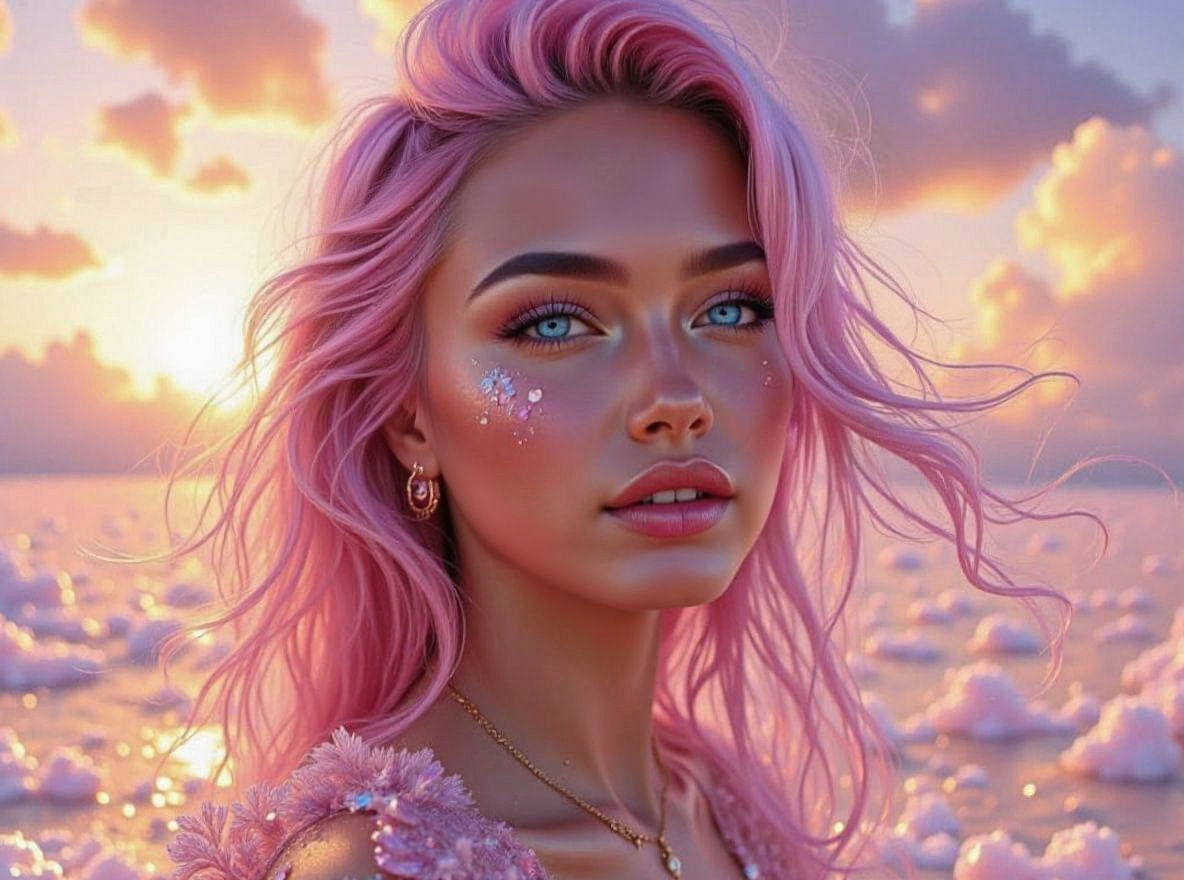 Gorgeous CGI Woman with Rainbow Hair, Sunset Background