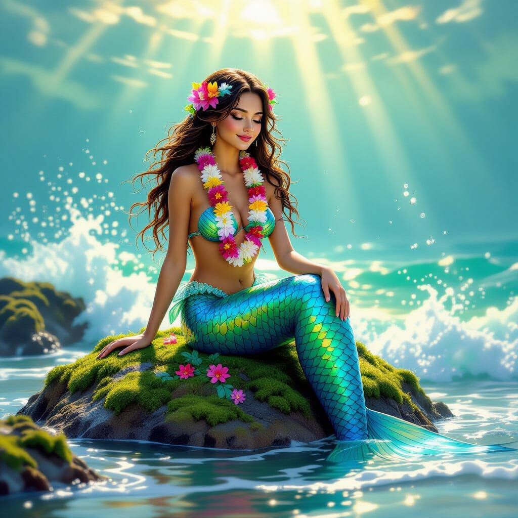 Mermaid on Rock Enjoying Sunny Ocean Surf