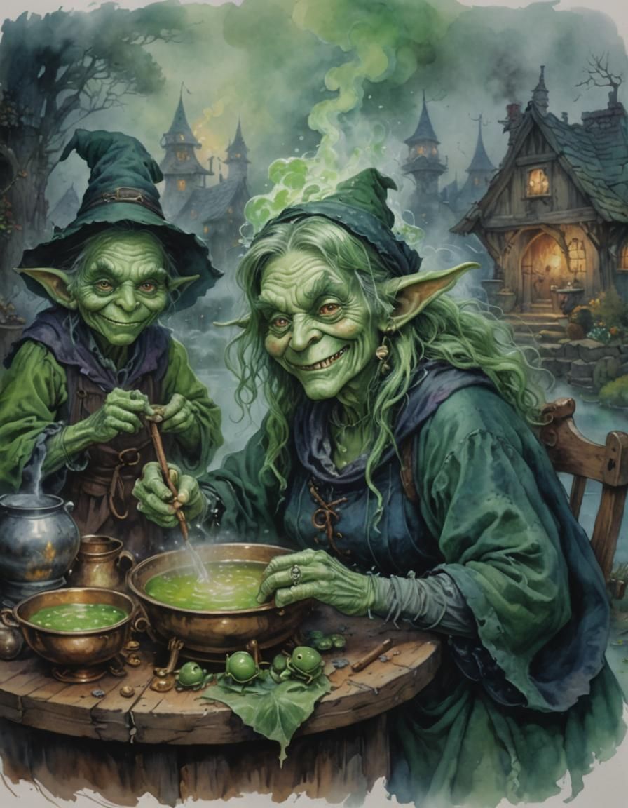 Green Goblin Witch Portrait in Watercolor Style