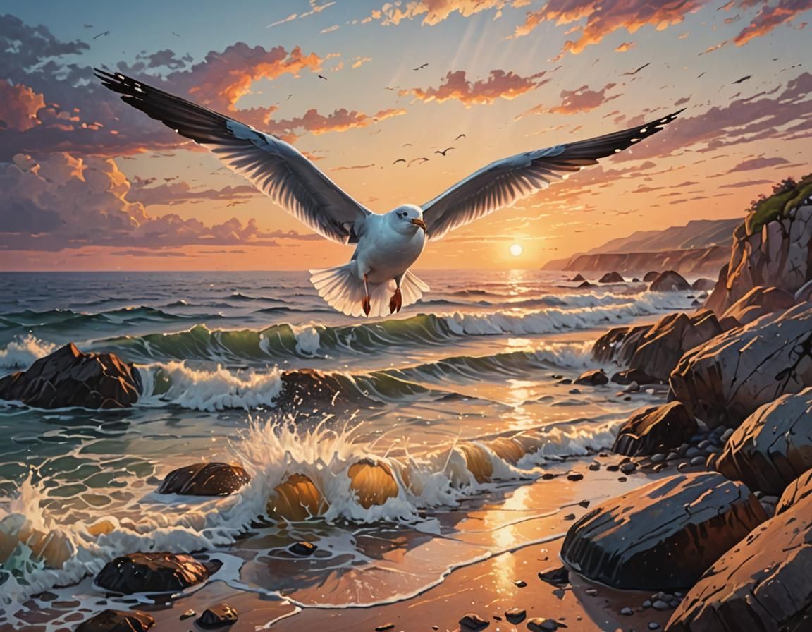 Seagull Silhouette at Sunset in Splash Art Style