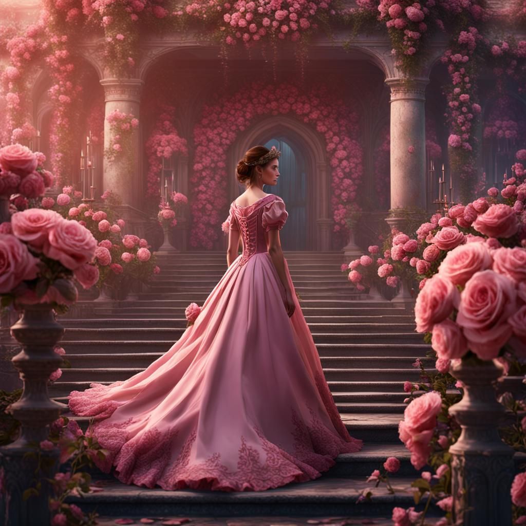 Girl at Fairytale Court of Roses: Detailed Matte Painting