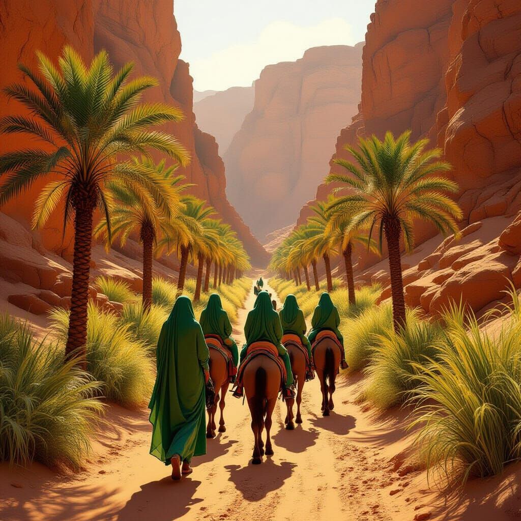 Women Riding Camels Through Lush Wadi Landscape