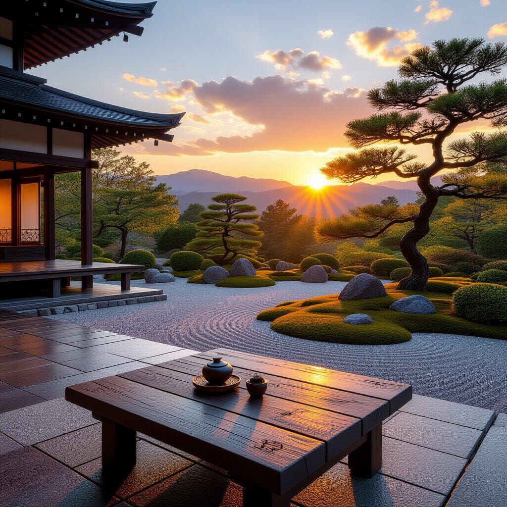 Serene Japanese Zen Garden at Sunset