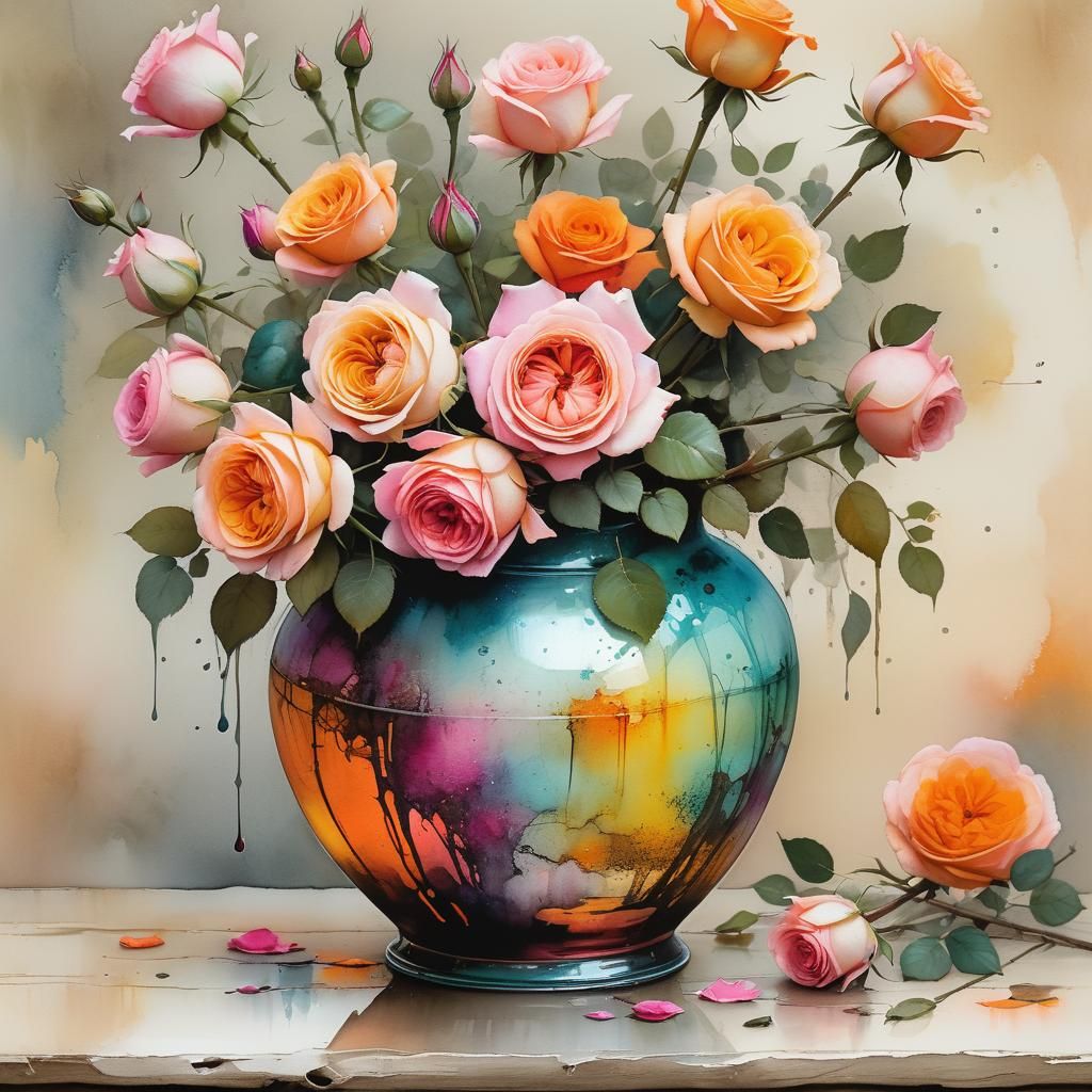 Whimsical Pink and Orange Roses Still Life