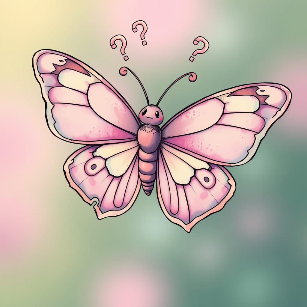 A confused butterfly, manga style, with tiny question marks orbiting its head, orbits shown as a lines