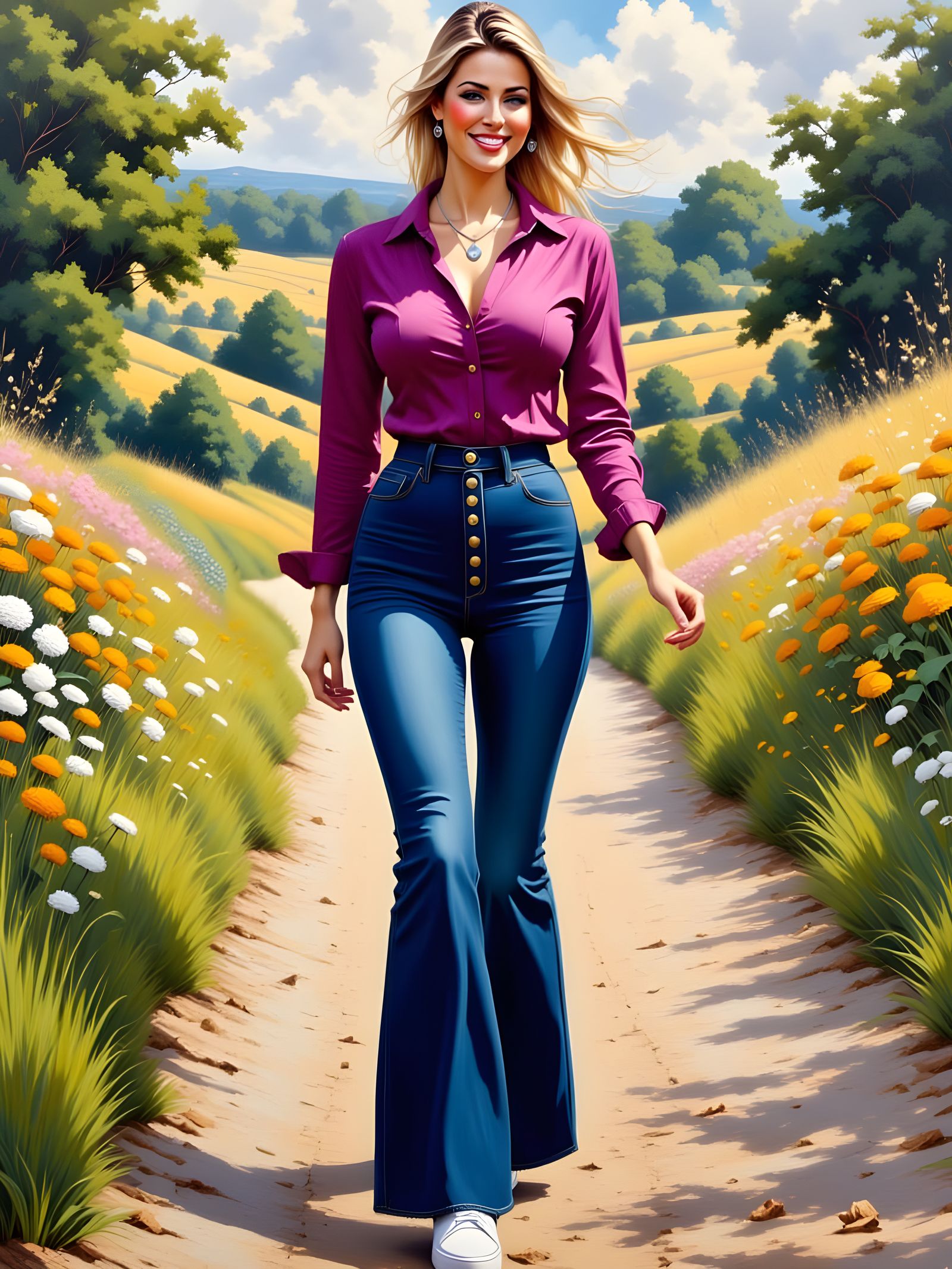 Elegant Woman in Picturesque Landscape, Art Nouveau Style