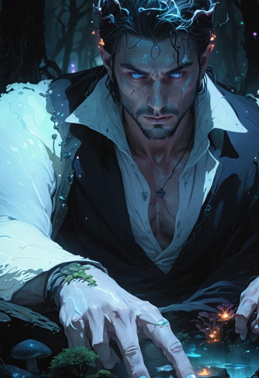 Man on Stone Throne in Bioluminescent Forest