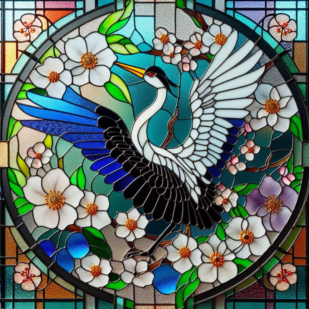 Stunning Stained Glass Crane with Cherry Blossoms