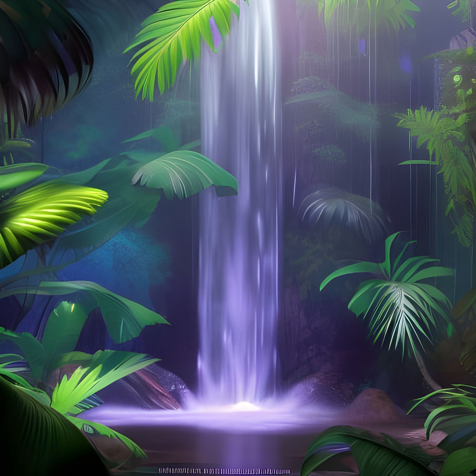 Iridescent Waterfall in Lush Tropical Forest