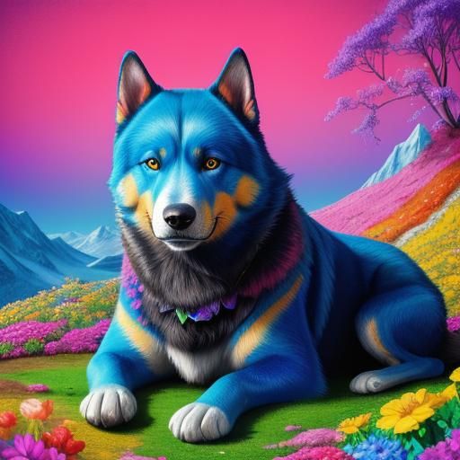 Magnificent Dog on Flower Mountain in Candy Art Style