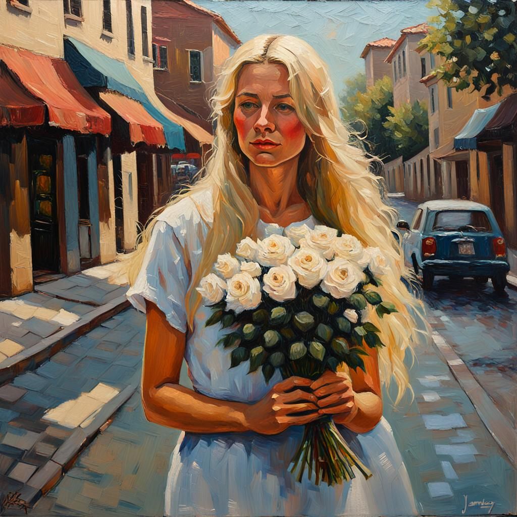 Woman with Roses: Impasto Oil Painting Portrait