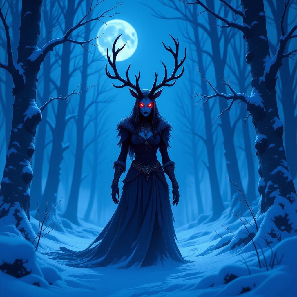 Fearsome Wendigo in Moonlit Snowy Forest