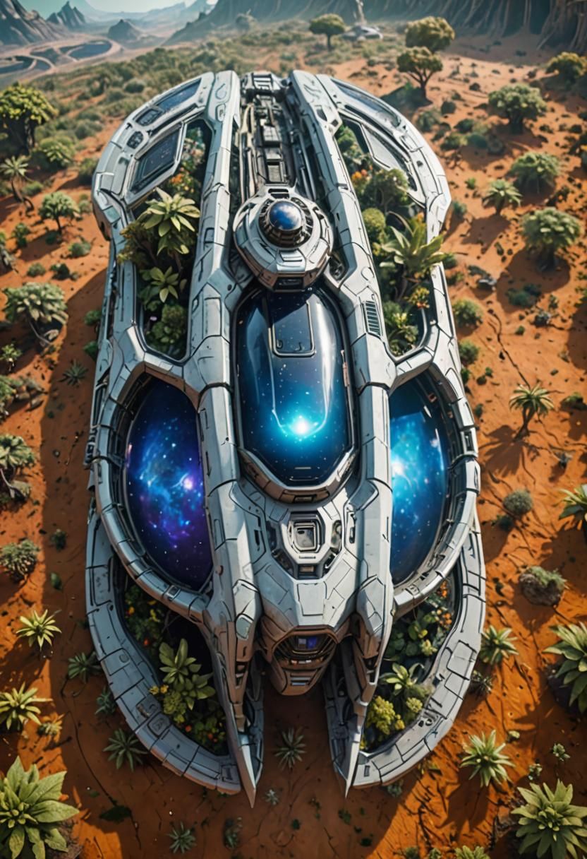 An alien spacecraft over an alien landscape full of alien pl...