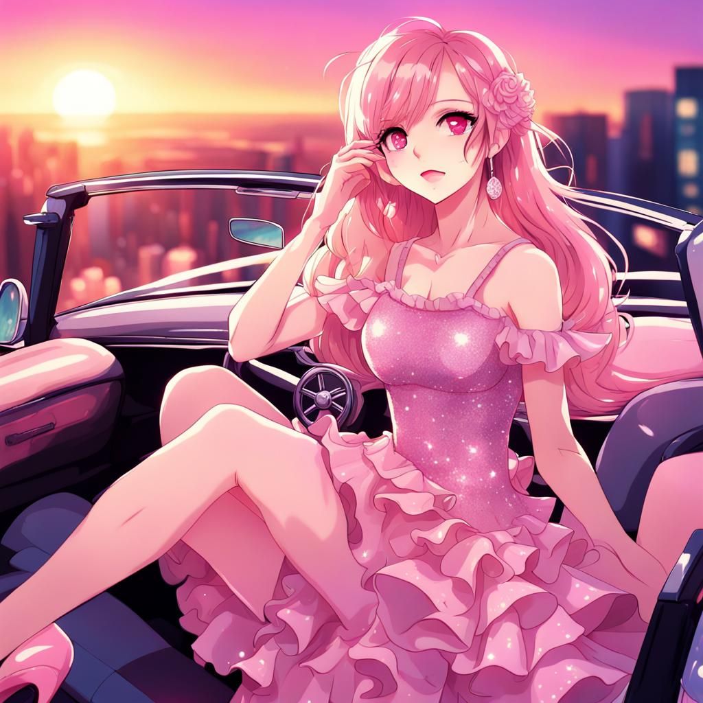 Girl in Pink Convertible: Anime-Inspired Sunset Drive