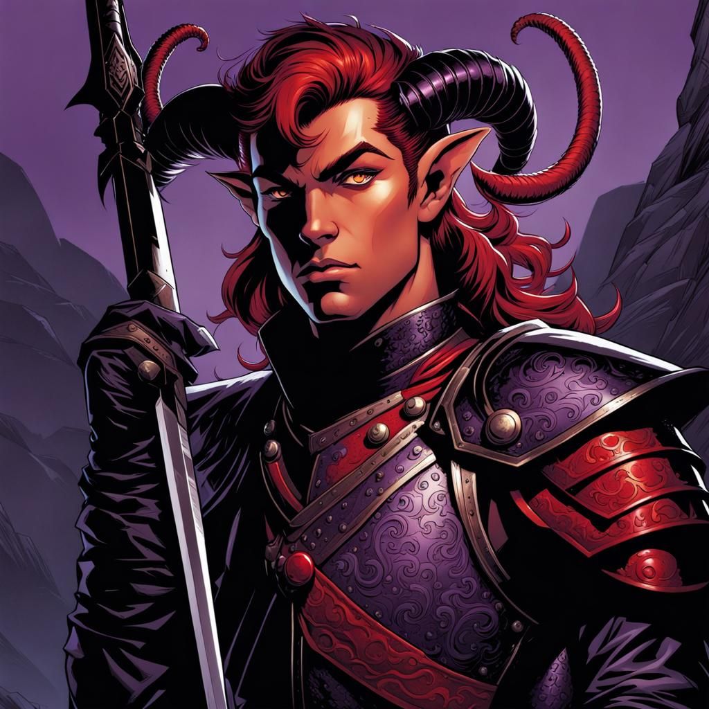 Tiefling Warrior Portrait in Comic Book Style