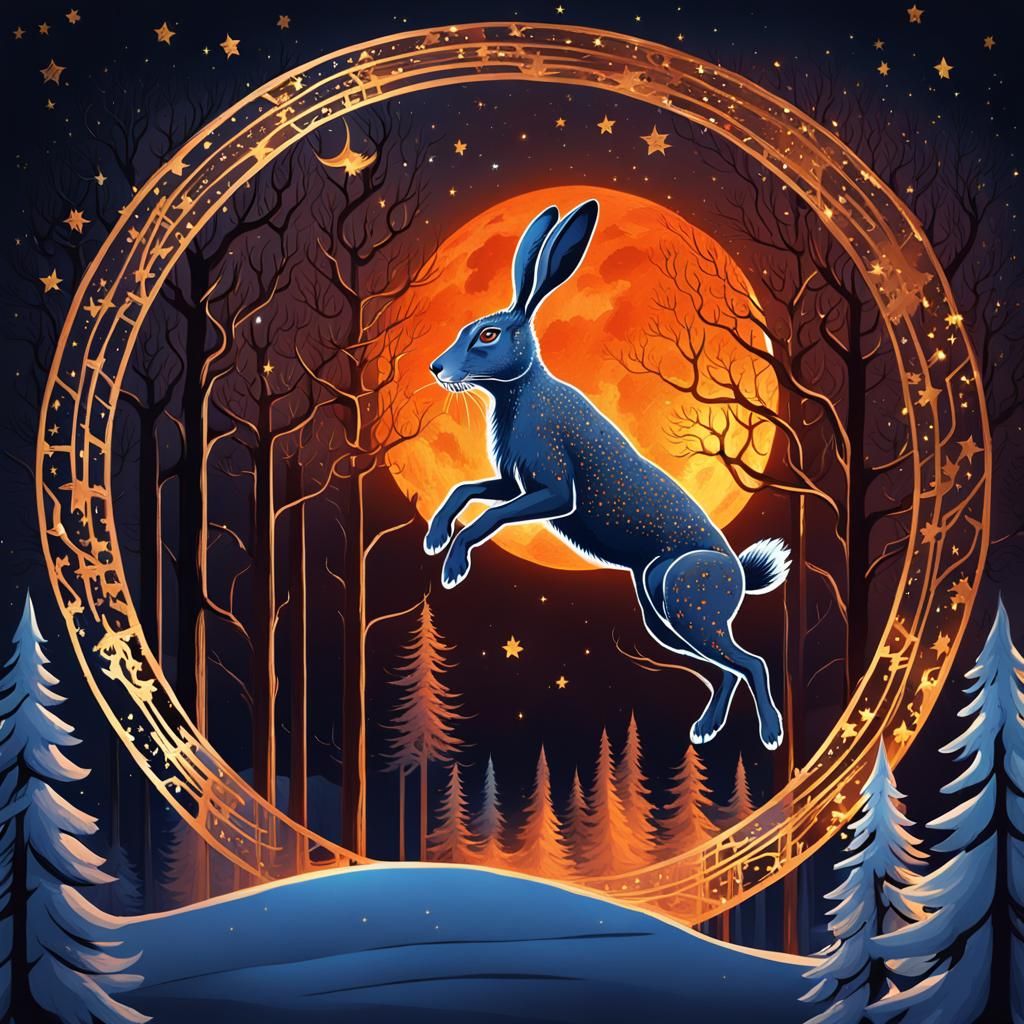 Hare Leaping Through Fire Ring, Fairytale Illustration